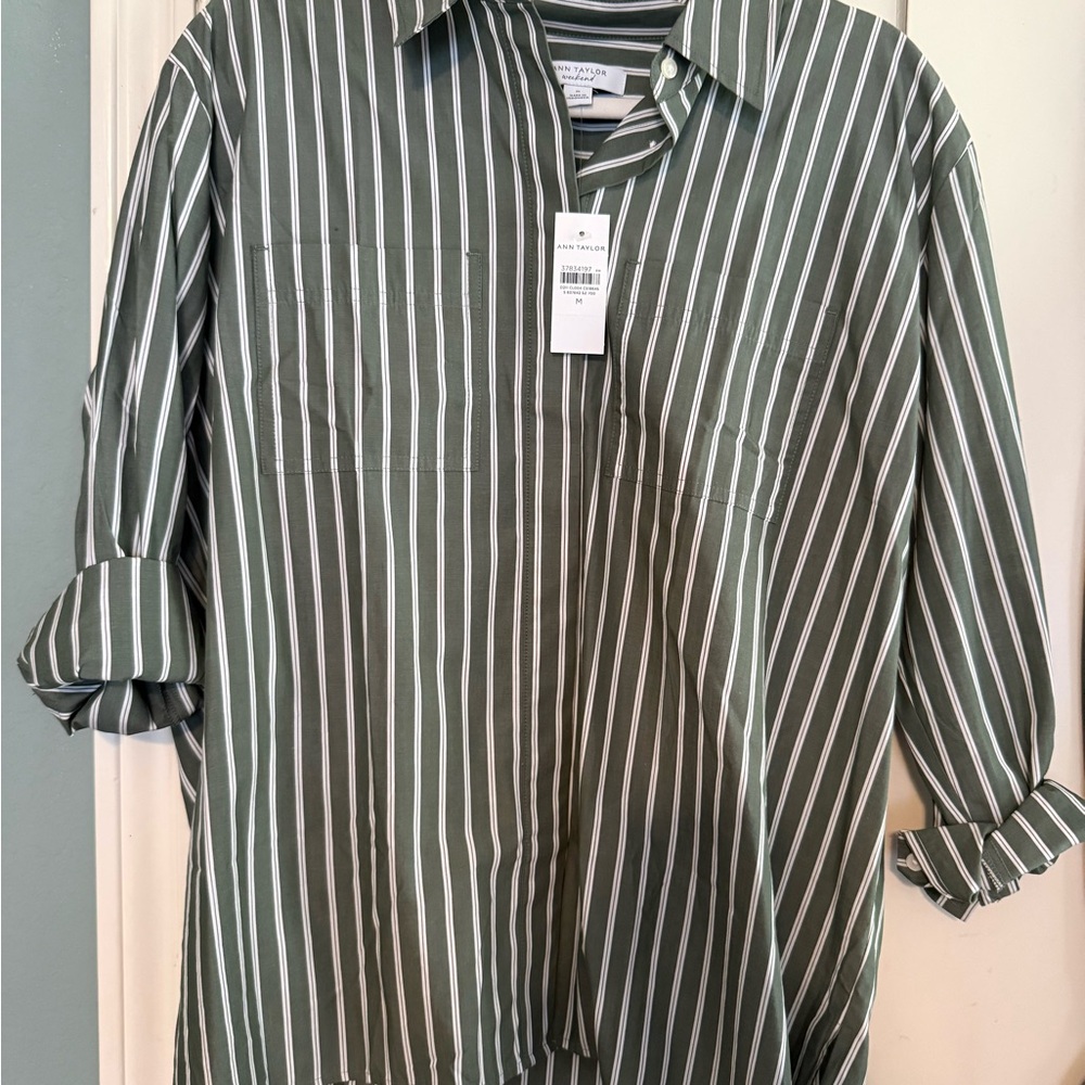 Ann Taylor Olive Green & White Vertical Stripe Button-Front Blouse